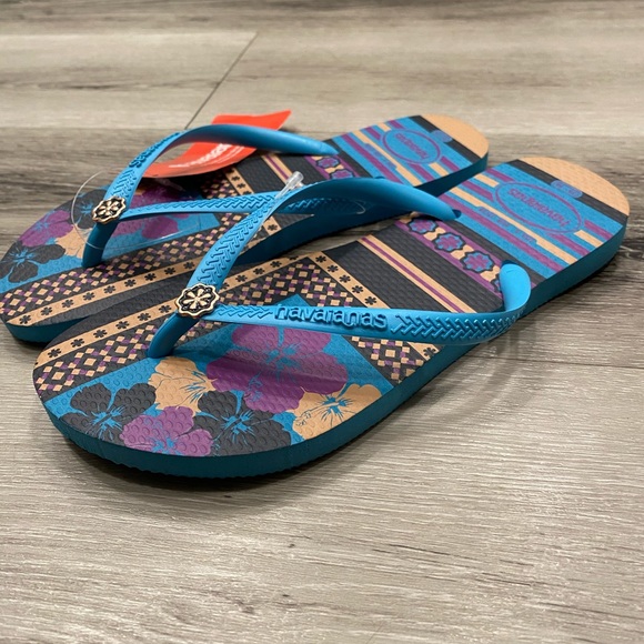 HAVAIANAS Slim Blue flip flops with Hawaiian hibiscus flower print Women’s Size6 - Picture 5 of 5